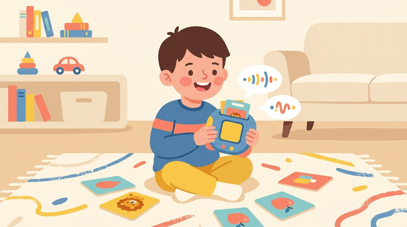 Niño feliz aprendiendo inglés con SpeakyCards